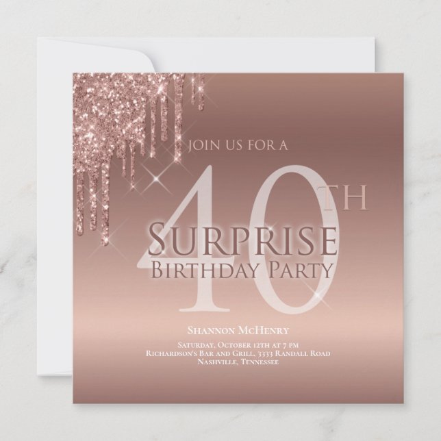 Invitación Purpurina Rosa 40 cumpleaños sorpresa (Anverso)