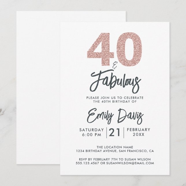 Invitación Purpurina rosa 40 y fabuloso | 40.º Fiesta de cump (Anverso / Reverso)