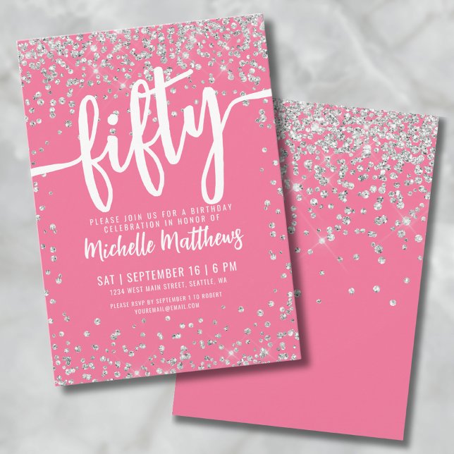 Invitación Purpurina rosa 50 cumpleaños (Pink Glitter 50th Birthday Invitation)