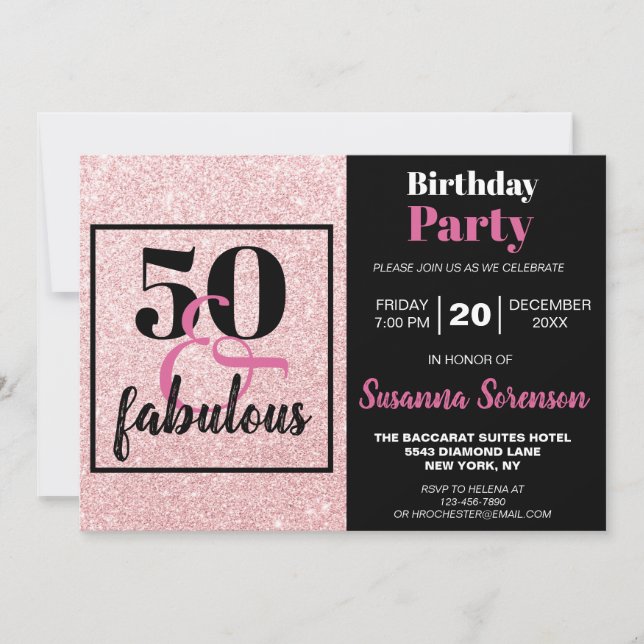 Invitación Purpurina Rosa 50 y fabulosa fiesta de cumpleaños (Anverso)