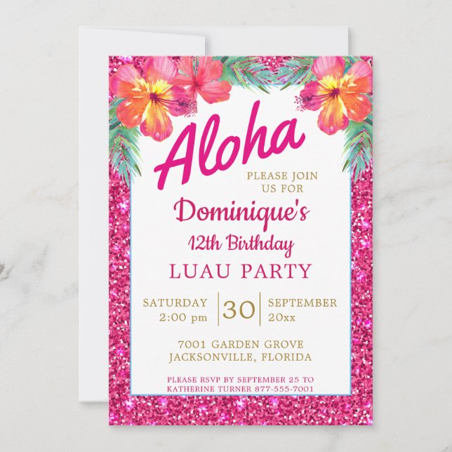 Invitación Purpurina Rosa Aloha Luau Hibiscus (Anverso)