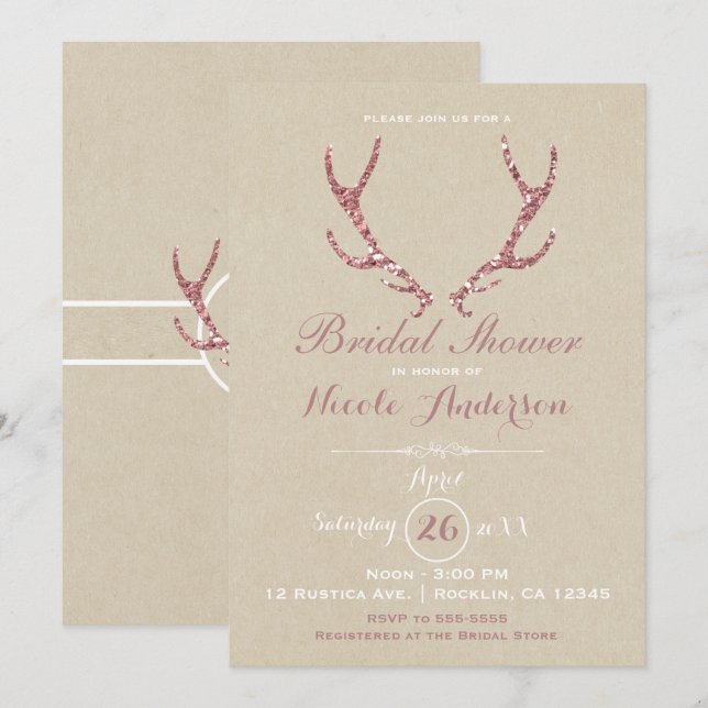 Invitación Purpurina Rosa Antlers Rustic Kraft Bridal Shower (Anverso / Reverso)