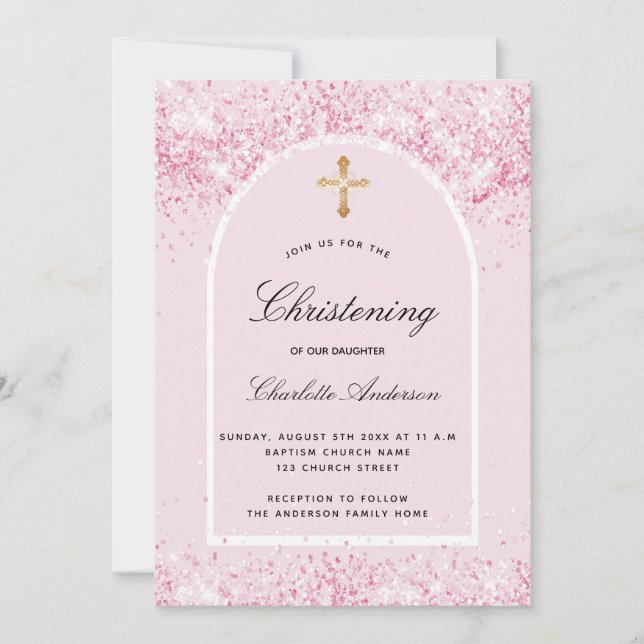 Invitación Purpurina rosa arco chica cruz de oro Christening (Anverso)