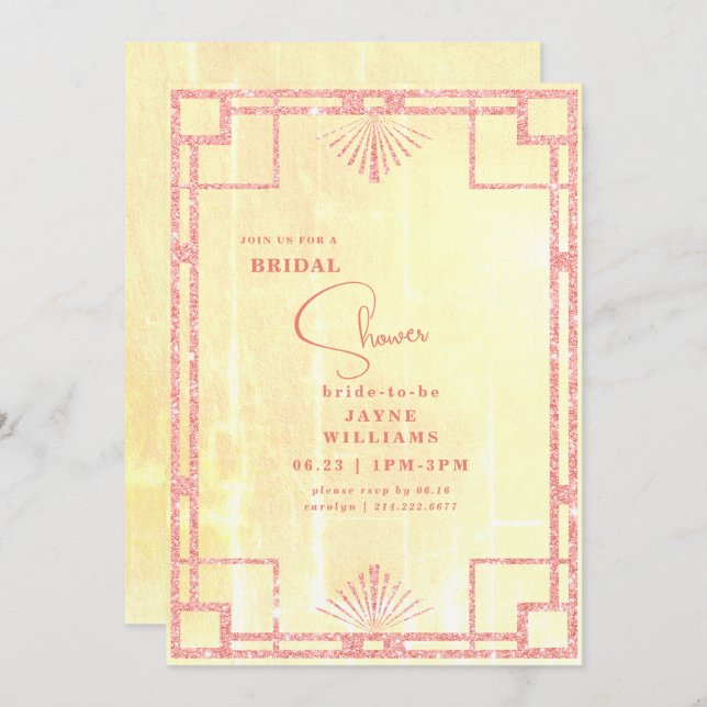 Invitación Purpurina rosa Art Deco Briidal Ducha Amarillo (Anverso / Reverso)