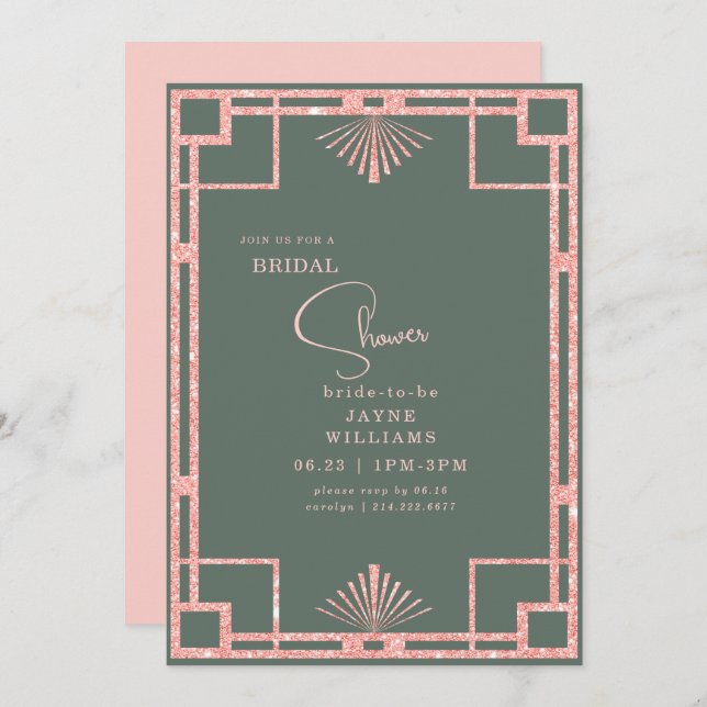 Invitación Purpurina rosa Art Decó Frame Sage Bridal Shower (Anverso / Reverso)