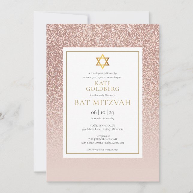 Invitación Purpurina Rosa Bat Mitzvah (Anverso)