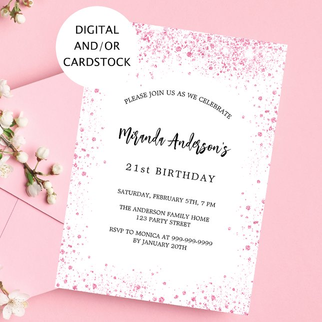 Invitación Purpurina rosa blanco de cumpleaños despierta eleg (Subido por el creador)