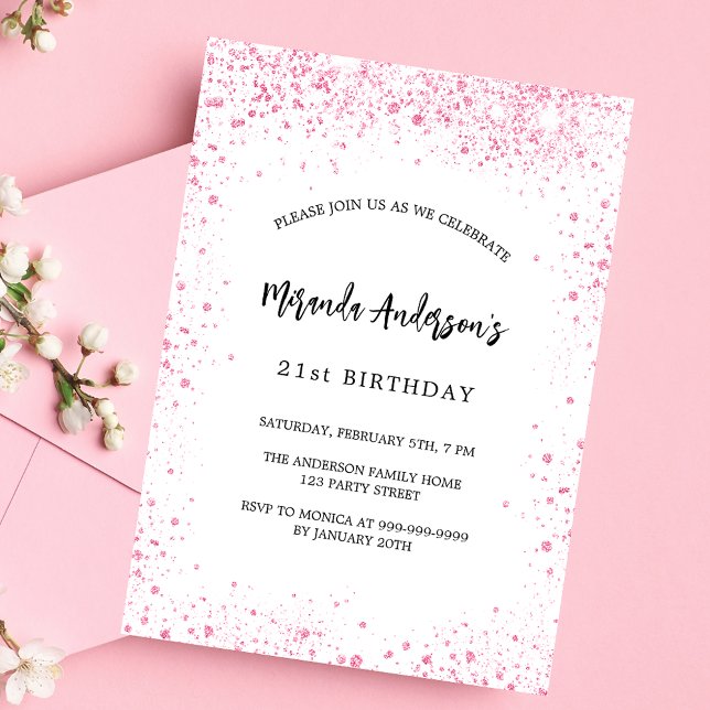 Invitación Purpurina rosa blanco de cumpleaños despierta lujo (Subido por el creador)