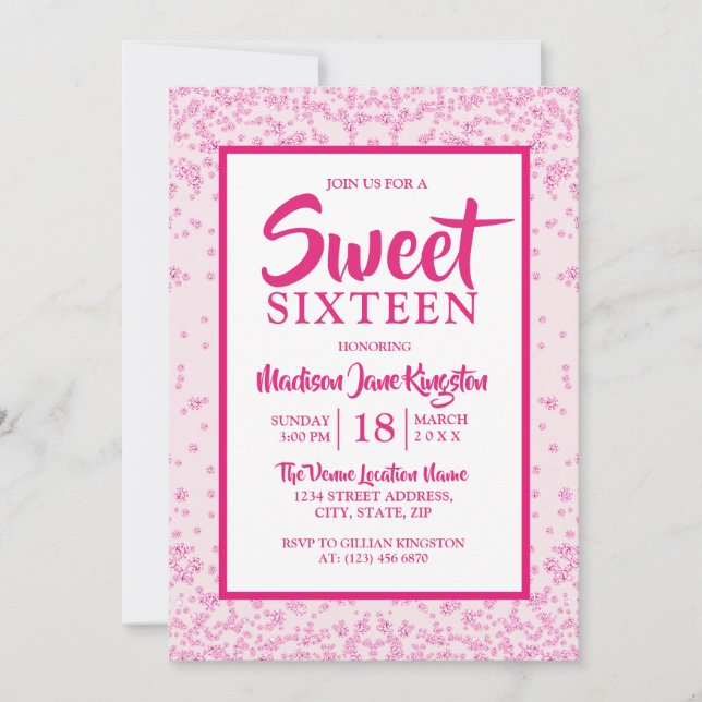 Invitación Purpurina Rosa Borde Girly Sweet 16 Fiesta Invite (Anverso)