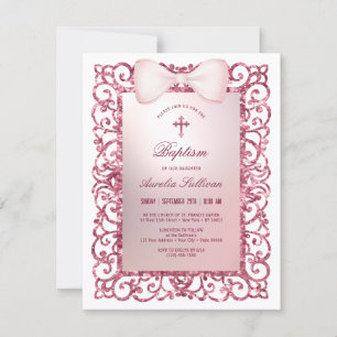 Invitación Purpurina Rosa Bow Baptismo
