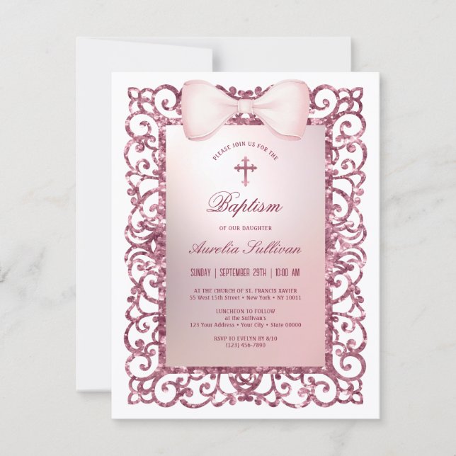 Invitación Purpurina Rosa Bow Baptismo (Anverso)