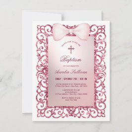 Invitación Purpurina Rosa Bow Baptismo