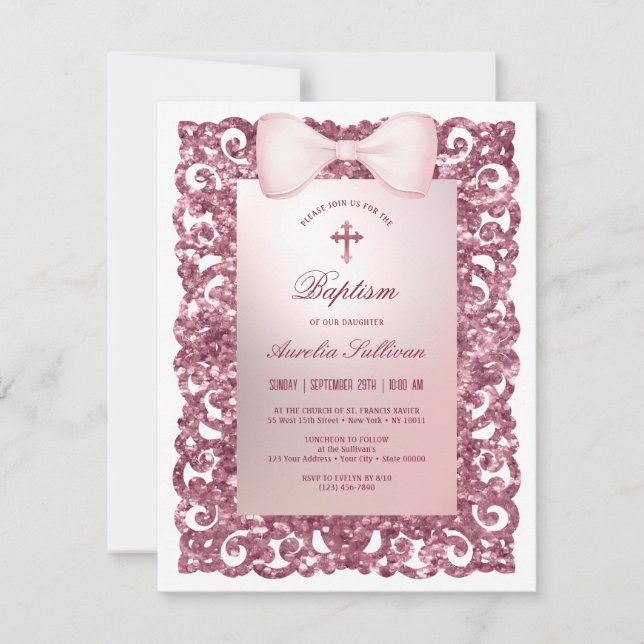 Invitación Purpurina Rosa Bow Baptismo (Anverso)