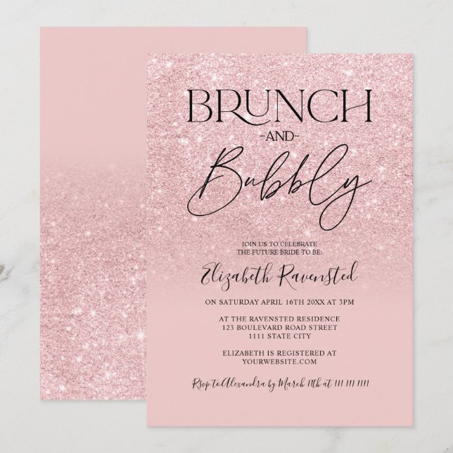 Invitación Purpurina rosa brunch de moda burbujeante ducha de (Anverso / Reverso)