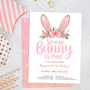 Invitación Purpurina Rosa Bunny Floral Primera fiesta de cump