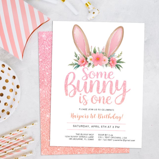 Invitación Purpurina Rosa Bunny Floral Primera fiesta de cump (Some Bunny is one, birthday invite.)
