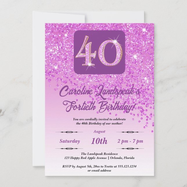 Invitación Purpurina Rosa caído 40 Fiesta de cumpleaños (Anverso)