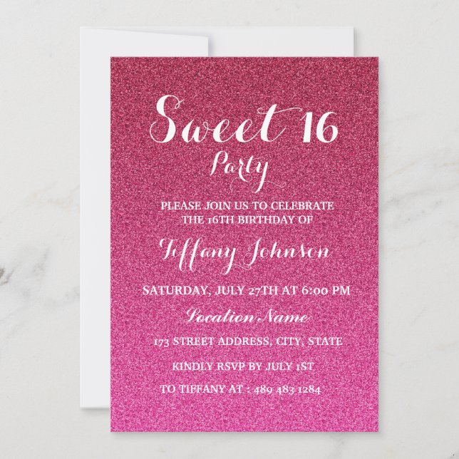 Invitación Purpurina Rosa Caliente Faux Ombre Sweet 16 Invita (Anverso)