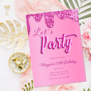 Invitación Purpurina Rosa Caliente Fiesta de Cumpleaños de Gi