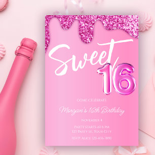 Invitación Purpurina rosa caliente Girly Sweet 16 Fiesta de c