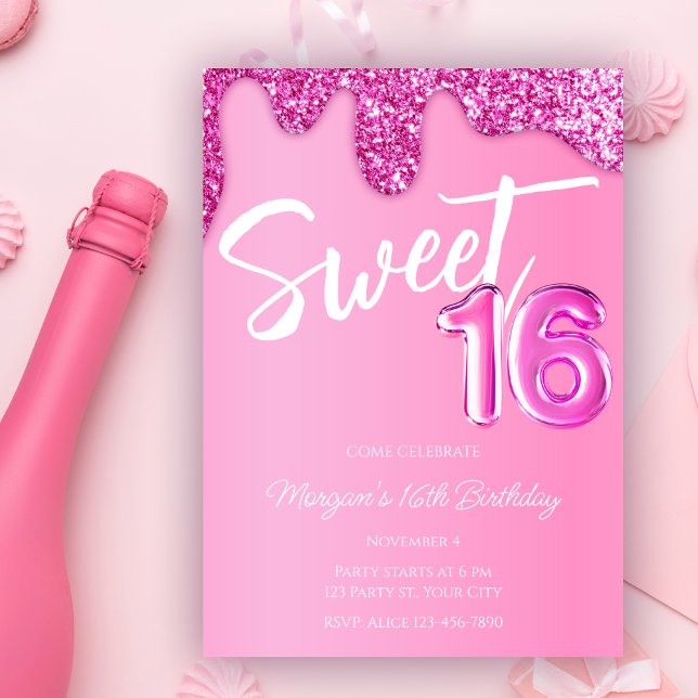 Invitación Purpurina rosa caliente Girly Sweet 16 Fiesta de c (Subido por el creador)