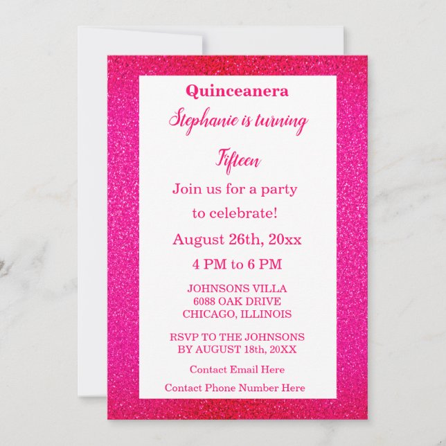 Invitación Purpurina Rosa Caliente Quinceanera Fiesta de Cump (Anverso)