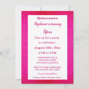 Invitación Purpurina Rosa Caliente Quinceanera Fiesta de Cump