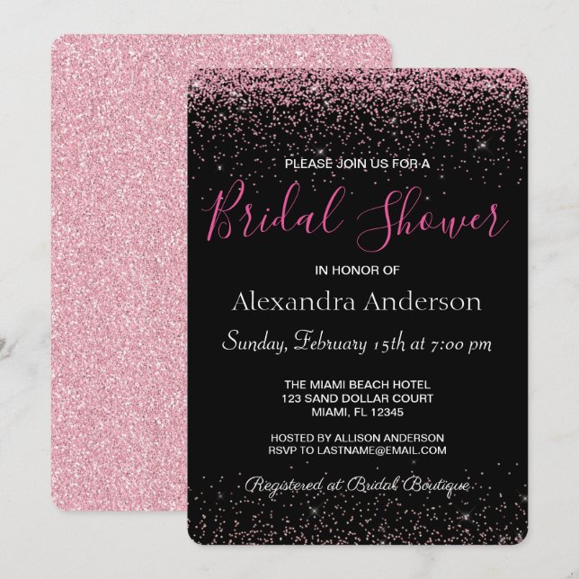 Invitación Purpurina rosa caliente Sparkle Bridal Shower (Anverso / Reverso)