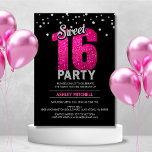 Invitación Purpurina rosa caliente Sparkles DULCE DIECISÉIS 1<br><div class="desc">¿Arrojando a un dulce fiesta dieciséis? ¿Necesitas ideas? Obtén estas plantillas personalizados modernas y de moda para que puedas MORIR fácilmente. Negro y rosa caliente con falso Relieve metalizado plateado y purpurina. Asequible pero no barato. Personalice estas invitaciones para su próximo fiesta dulce de 16.</div>