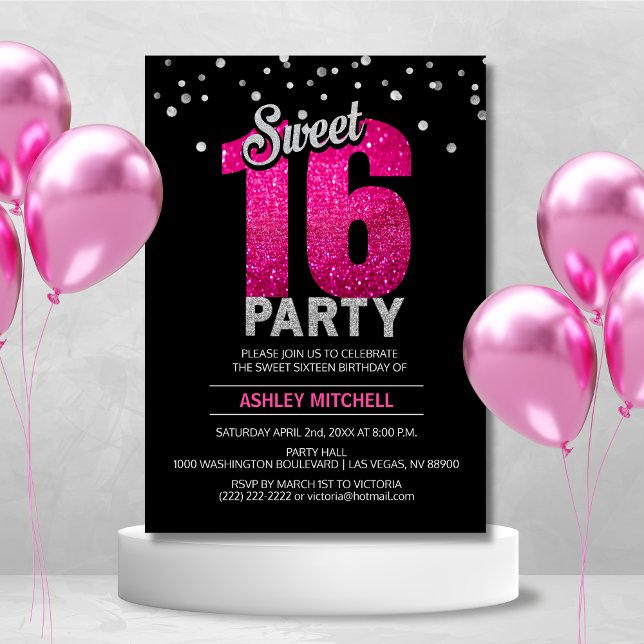 Invitación Purpurina rosa caliente Sparkles DULCE DIECISÉIS 1 (Hot Pink Glitter Sparkles SWEET SIXTEEN 16 Party Invitation)