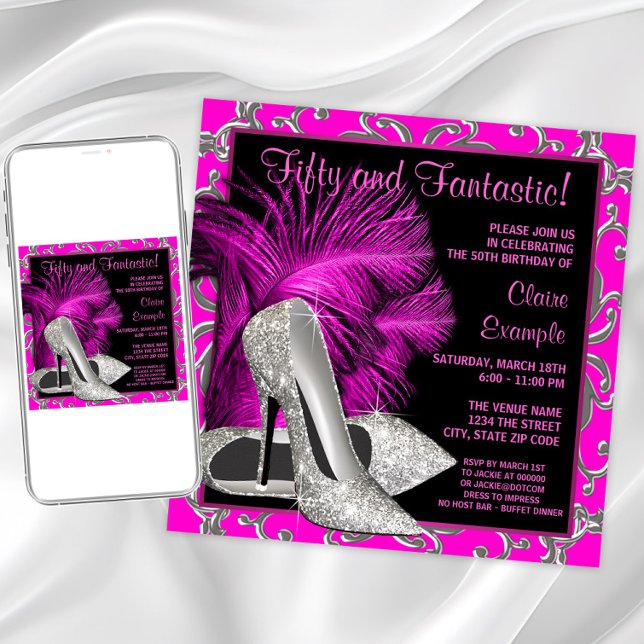 Invitación Purpurina Rosa Caliente Tos Altos Mujeres 50 cumpl (Pretty silver high heel shoes and feathers and silver swirls. Simple change text for your event.)