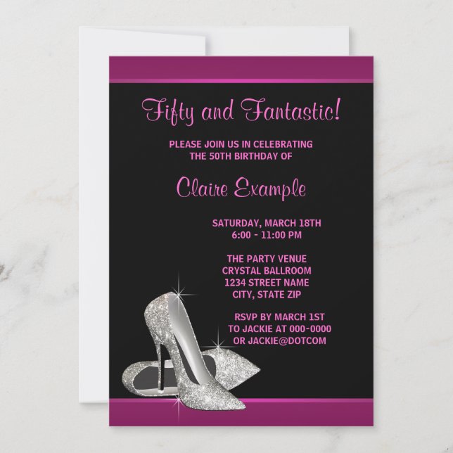 Invitación Purpurina Rosa Caliente Tos Altos Mujeres 50 Novia (Anverso)
