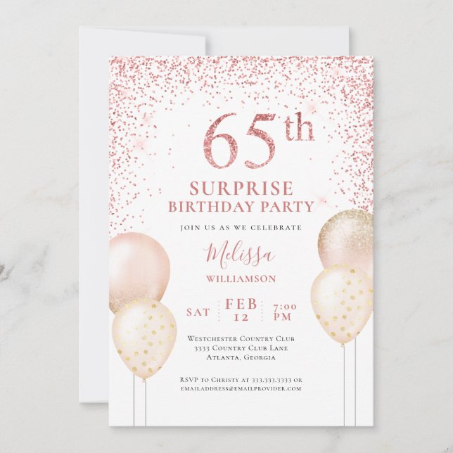 Invitación Purpurina rosa caligrafía sorpresa cumpleaños núme (Anverso)