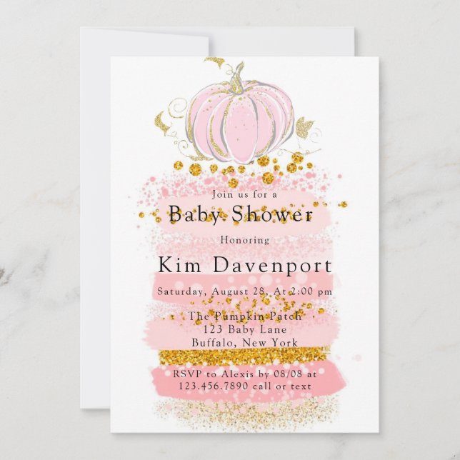 Invitación Purpurina rosa Chica de calabaza Baby Shower (Anverso)