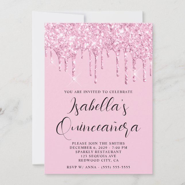 Invitación Purpurina rosa claro gotea Quinceañera (Anverso)