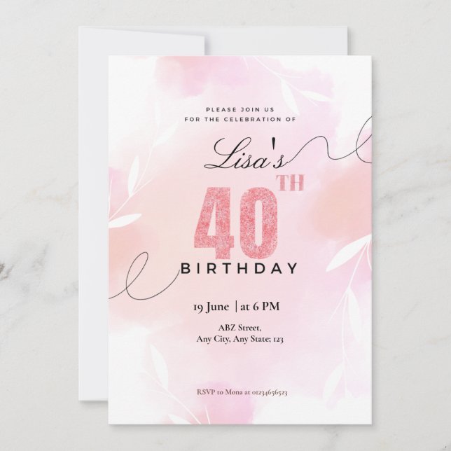Invitación Purpurina rosa color agua 40 cumpleaños (Anverso)