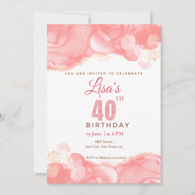 Invitación Purpurina rosa color agua 40 cumpleaños (Anverso)
