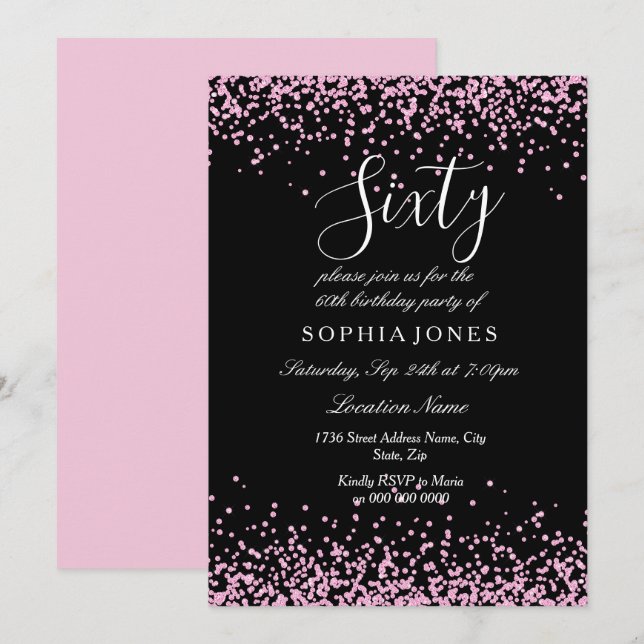 Invitación Purpurina rosa Confetti Black 60 cumpleaños fiesta (Anverso / Reverso)