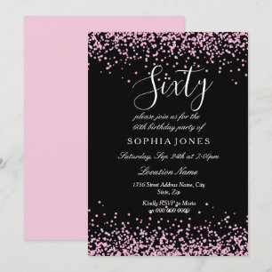 Invitación Purpurina rosa Confetti Black 60 cumpleaños fiesta
