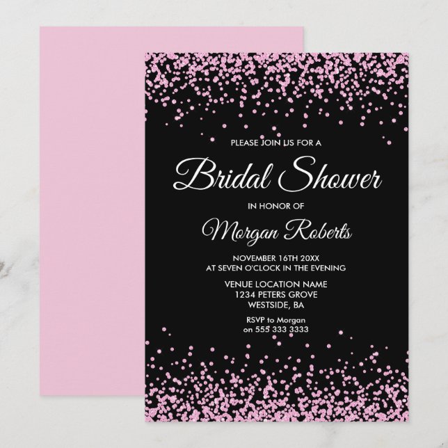 Invitación Purpurina rosa Confetti Black Bridal Shower Invite (Anverso / Reverso)
