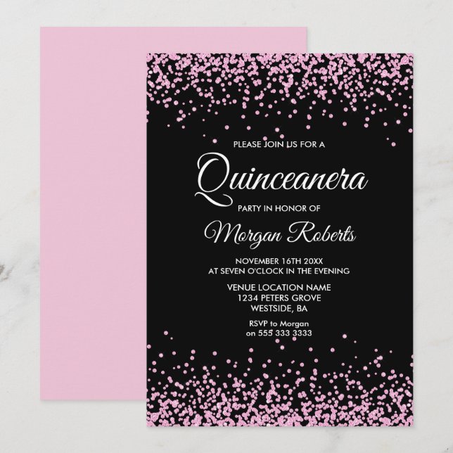 Invitación Purpurina rosa Confetti Black Quinceanera Invitado (Anverso / Reverso)