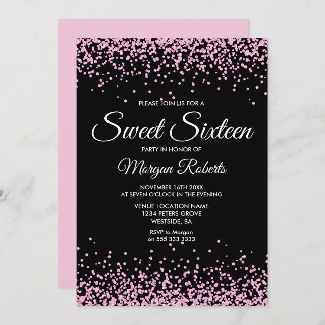 Invitación Purpurina rosa Confetti Black Sweet 16 Invite (Anverso / Reverso)