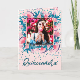 Invitación Purpurina rosa Confetti Floral Español Quinceañera