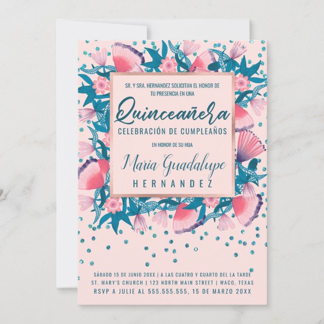Invitación Purpurina rosa Confetti Floral Español Quinceañera (Anverso)