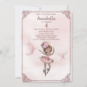 Invitación Purpurina Rosa Cute Ballerina y Mariposas