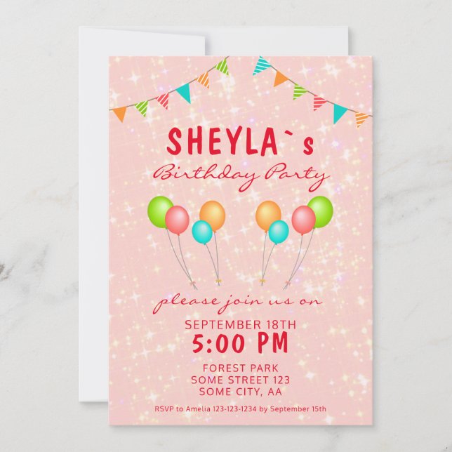 Invitación Purpurina Rosa Cute Balón Noche (Anverso)