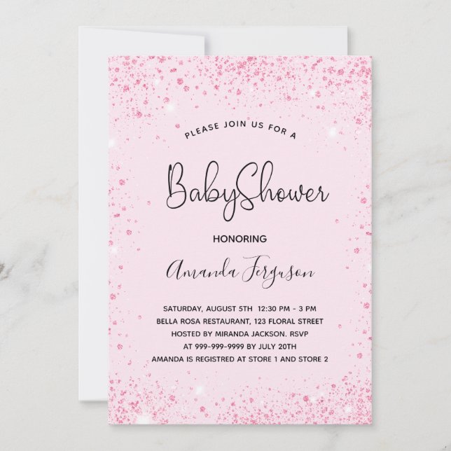 Invitación purpurina rosa de bebé de Baby Shower (Anverso)