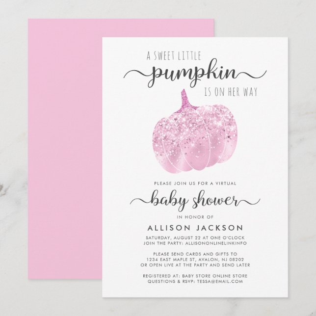 Invitación Purpurina rosa de calabaza virtual parkle Baby Sho (Anverso / Reverso)