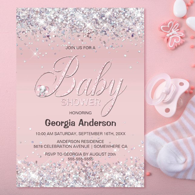 Invitación Purpurina rosa de elefante lindo Baby Shower (Subido por el creador)