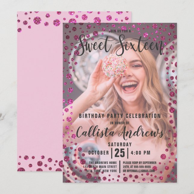 Invitación Purpurina rosa de Fuchsia Confetti Foto dulce 16 (Anverso / Reverso)